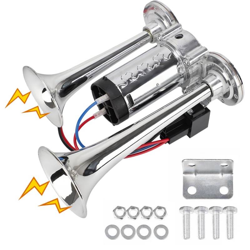 Luft Horn, Druckluft Horn Hupe, 12v, 130dB, Doppelrohr-Elektropumpe mit Metallverbund Lufthorn für alle 12V Auto LKW Züge Boote Cars Vans von XEERUN