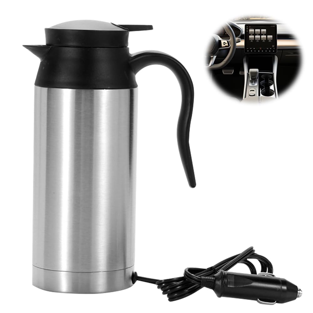 XEERUN Auto Wasserkocher Edelstahl 12V, 750ml Reisewasserkocher Wasserkocher Camping, Heizung Tasse Becher mit Automatischer Abschaltung für Die Zubereitung Von Tee, Kaffee von XEERUN