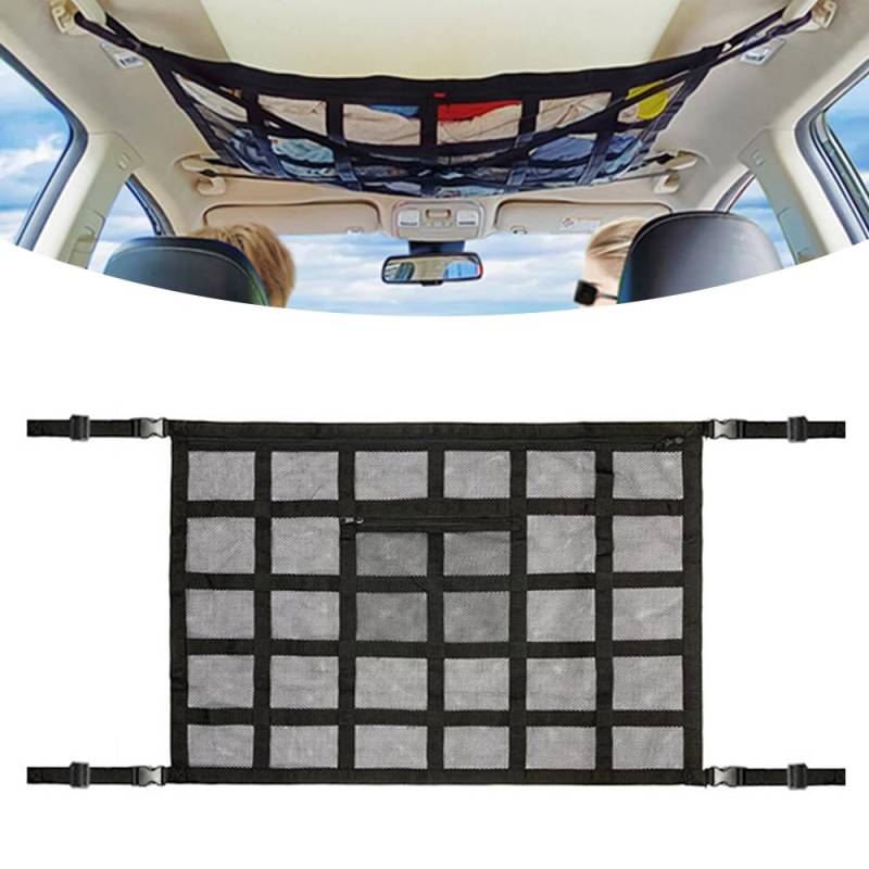 XEERUN Gepäcknetz Auto für Aufbewahrung, 90 × 65 cm Autodach Gepäcknetz Decke, Universal Aufbewahrungsnetz, mit Verstellbare Kreuzgurte und Reißverschluss, Speziell für die Meisten Fahrzeugtypen von XEERUN