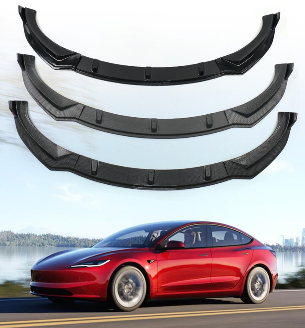 Auto Front Schaufel Auto Front Stoßstange Lippe für Tesla Model 3 Highland 2024 Body Kit Vorne Unter Lippen Diffusor Spoiler Auto Zubehör,GlossyCarbonFiber von XENITE