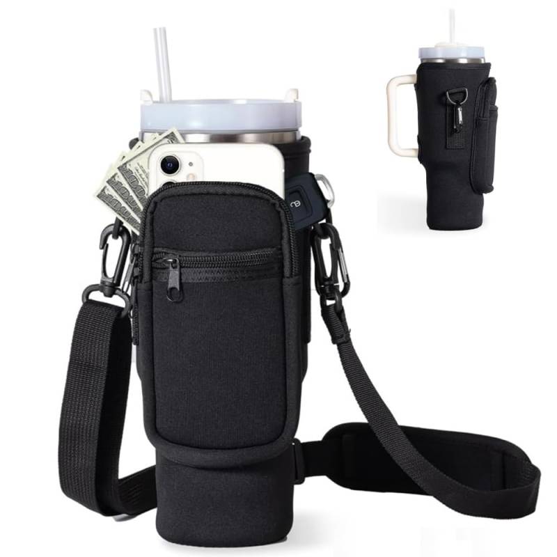 XHYASD Stanley Cup Zubehör Tasche 40oz,Tasche für Stanley Cup,Stanley Becher Zubehör,Stanley Cup Tasche mit Handytasche,Schlüsselanhänger,für Reisen Zum Wandern Laufen Radfahren Camping,Schwarz von XHYASD