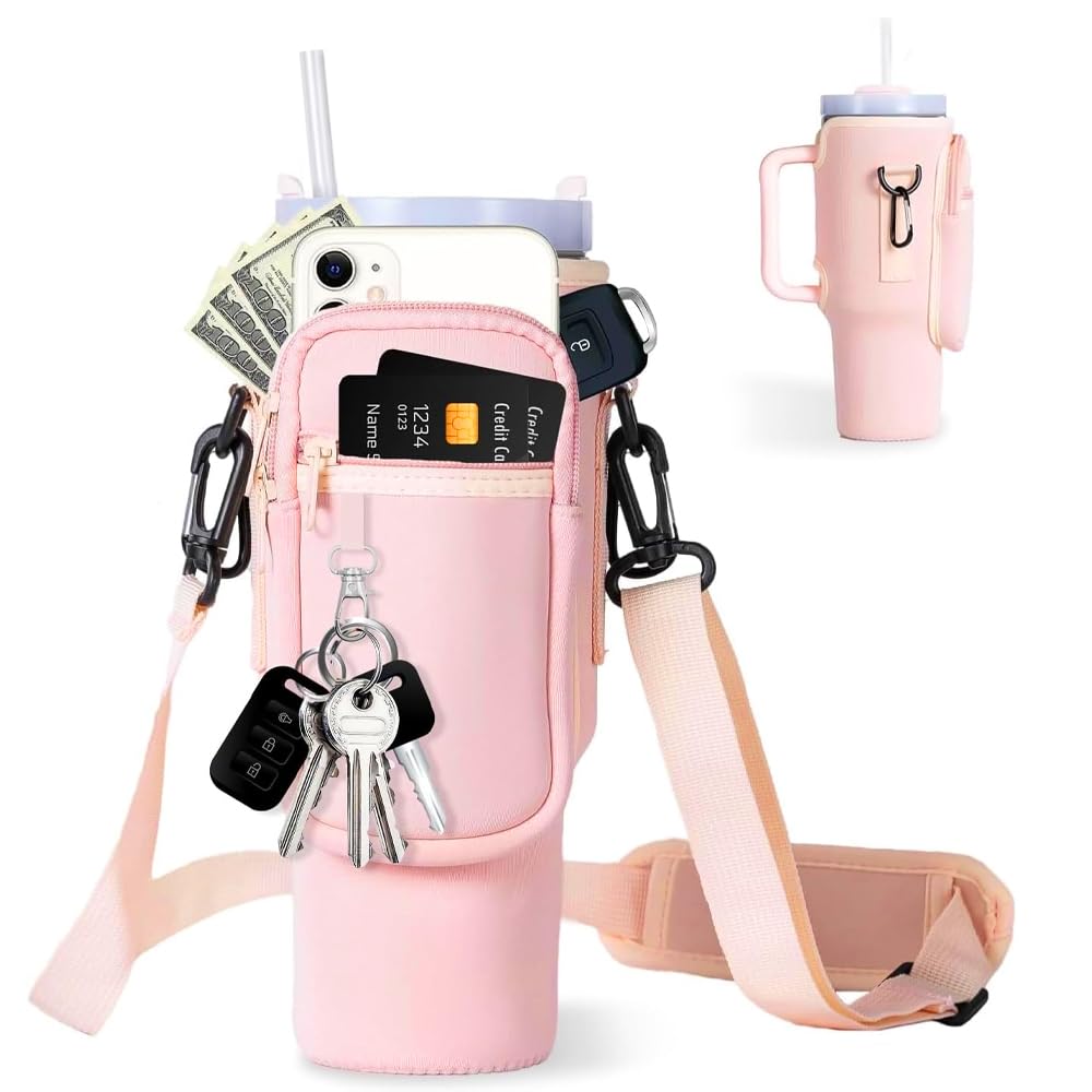 XHYASD Tragetasche für Stanley Cup 40oz,Stanley Becher Zubehör,Wasserflasche Träger mit Handyfach und Verstellbarem Schultergurt,Schlüsselanhänger,für Reisen Zum Wandern Laufen Radfahren Camping,Rosa von XHYASD