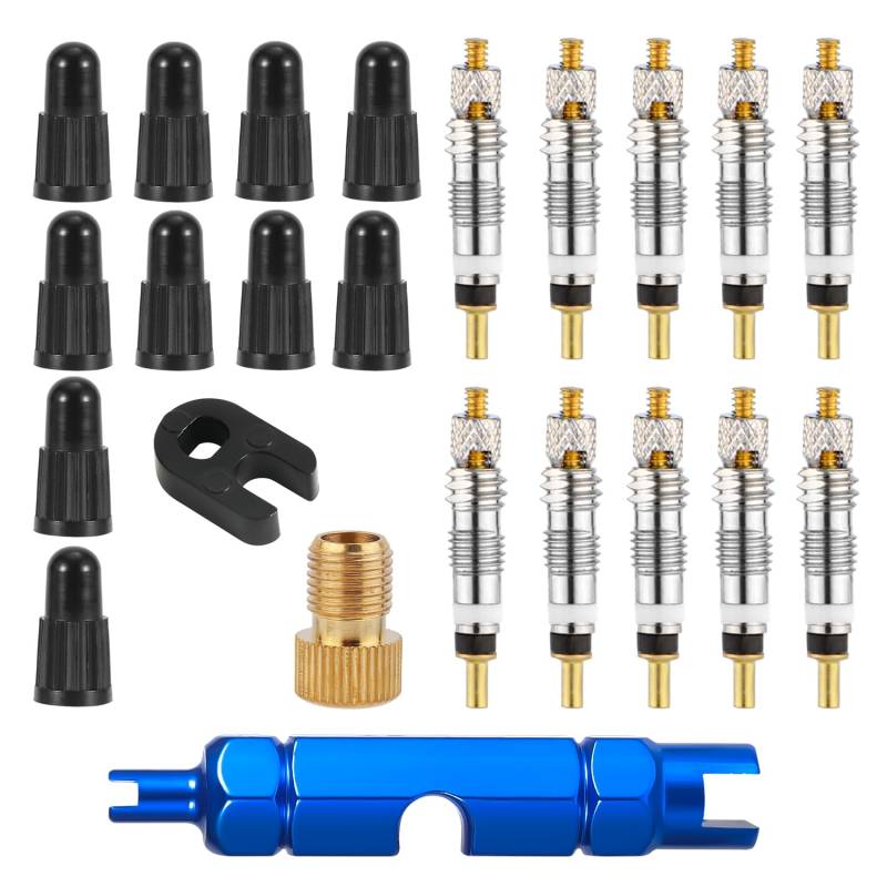 XIHIRCD Ventileinsatz-Reparatursatz, 10stk Ventileinsätze und 10stk Ventilkappen mit Schraubenschlüssel Messinggelenk-Demontagewerkzeug Ventileinsatz Fahrrad-Ersatzsatz von XIHIRCD