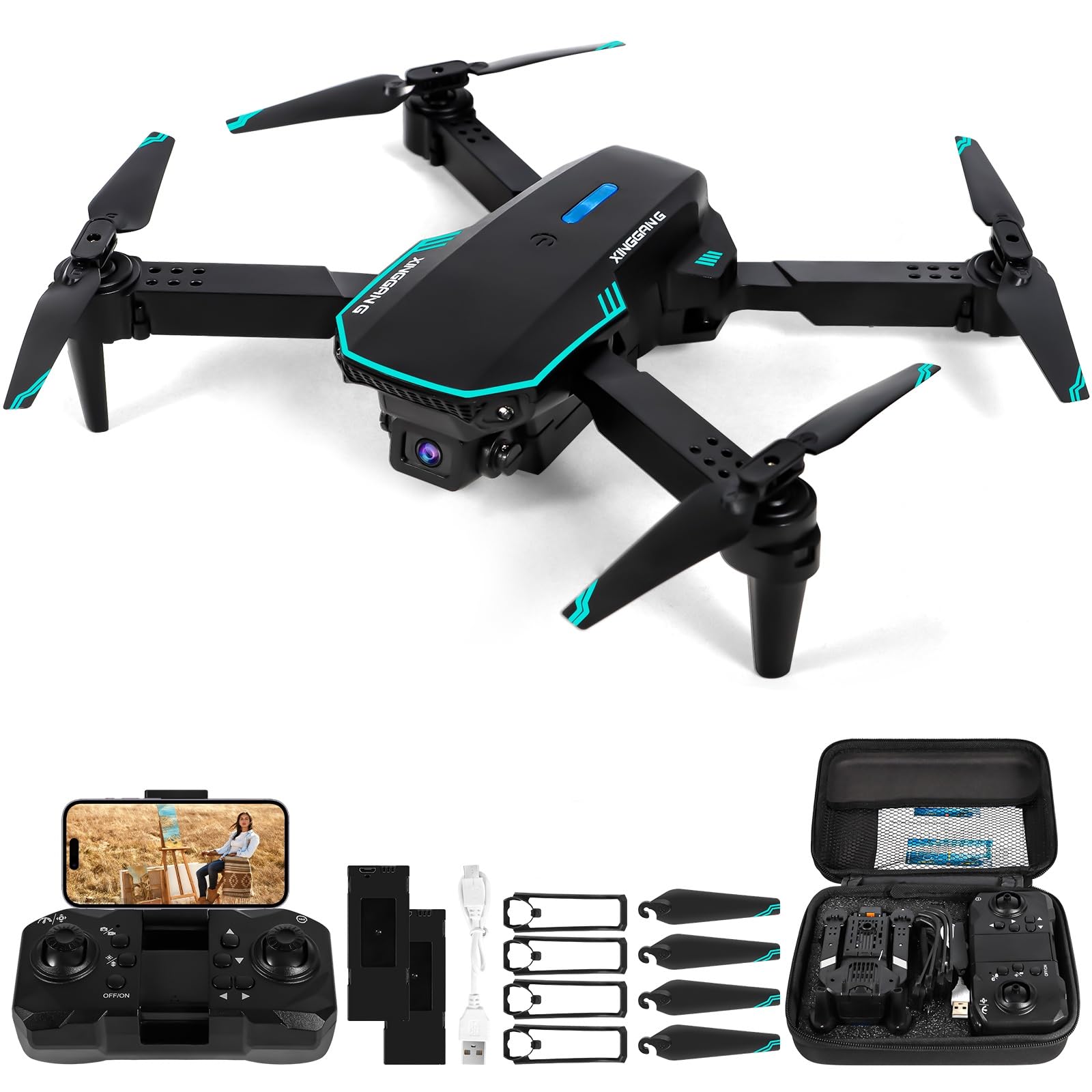 Drohne mit Kamera 720P HD für Kinder, WiFi FPV Drone für Anfänger, RC Quadcopter mit 2 Akku, Schwerkraft Sensor, 3D Flip Mode, Ein-Tasten-Start/Landung, Höhenhaltemodus, Headless Mode von XINGGANG