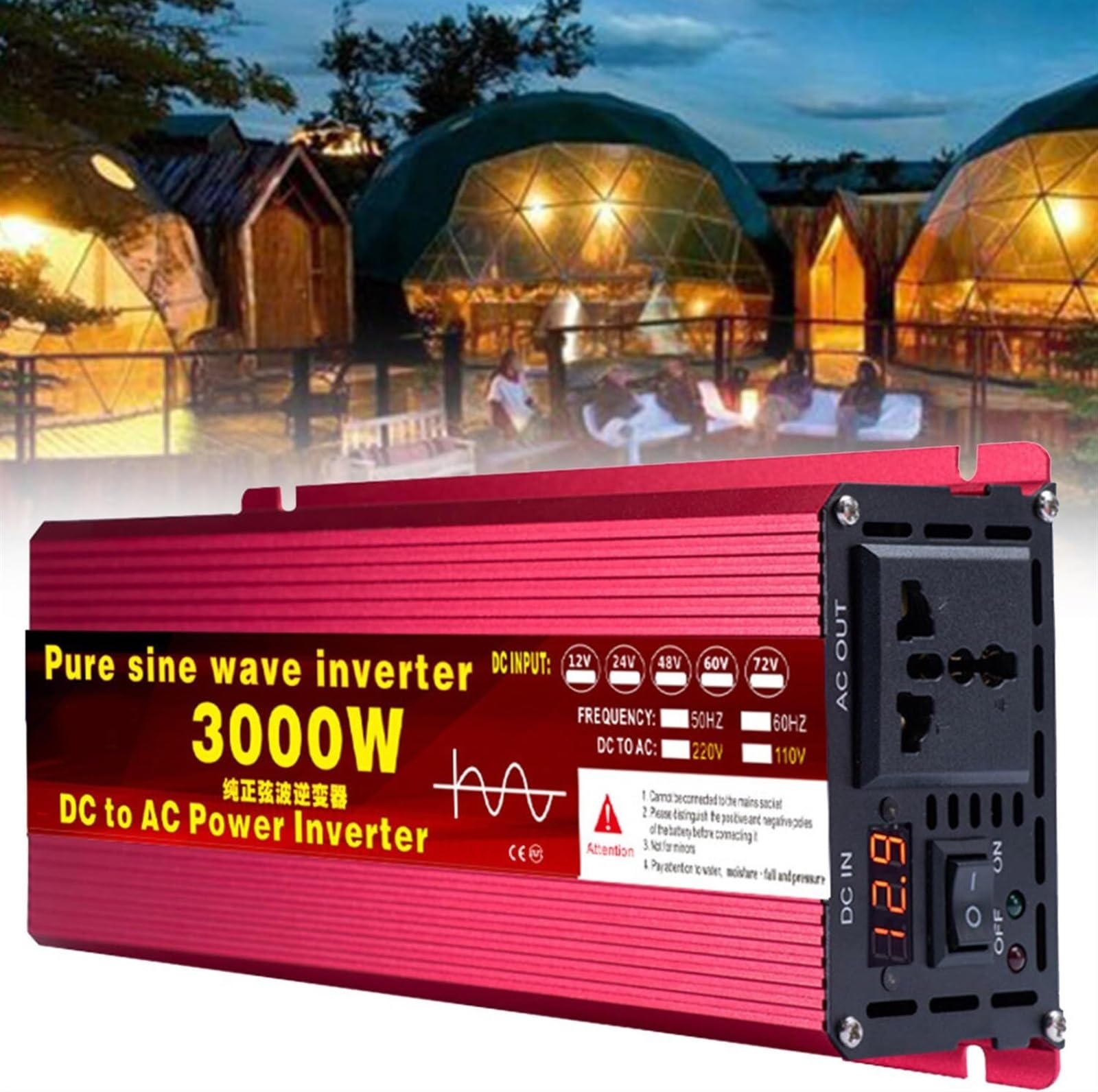 Wechselrichter 1600W 2200W 3000W Reiner Sinus Spannungswandler 12V 24V 48V 60V 72V auf 230V Power Inverter DC Umwandler mit AC-Steckdosen und Bildschirm LED für Wohnmobil Kfz Konverter(3000W,60Vto220V von XINGSHANG