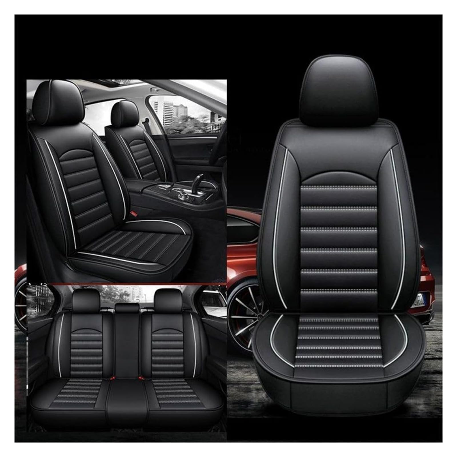 XINYUNFEI Auto Sitzbezüge Sets FüR Ford C-Max 2010-2015, Leder Auto Schonbezug Full Set Sitzbezug, Auto Sitzbezüge Airbag Kompatibel, Wasserdicht Sitzbezug Auto Zubehör(Black+White) von XINYUNFEI