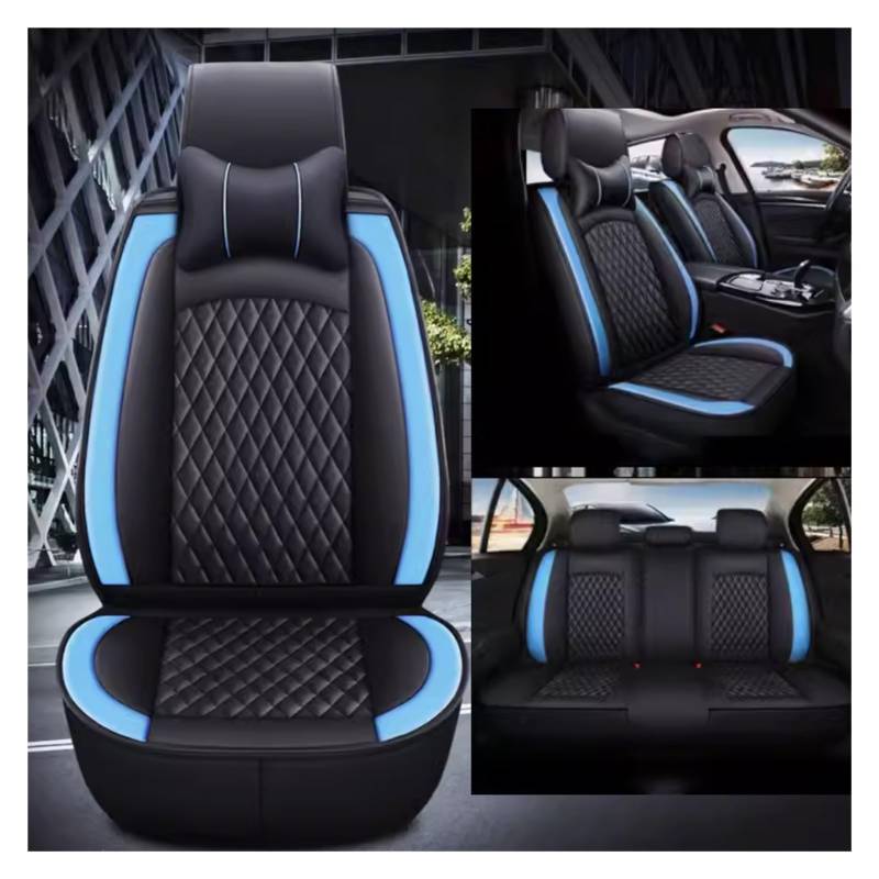 XINYUNFEI Auto Sitzbezüge Sets FüR Ford Tourneo Courier, Leder Auto Schonbezug Full Set Sitzbezug, Auto Sitzbezüge Airbag Kompatibel, Wasserdicht Sitzbezug Auto Zubehör(Blue+Headrest) von XINYUNFEI