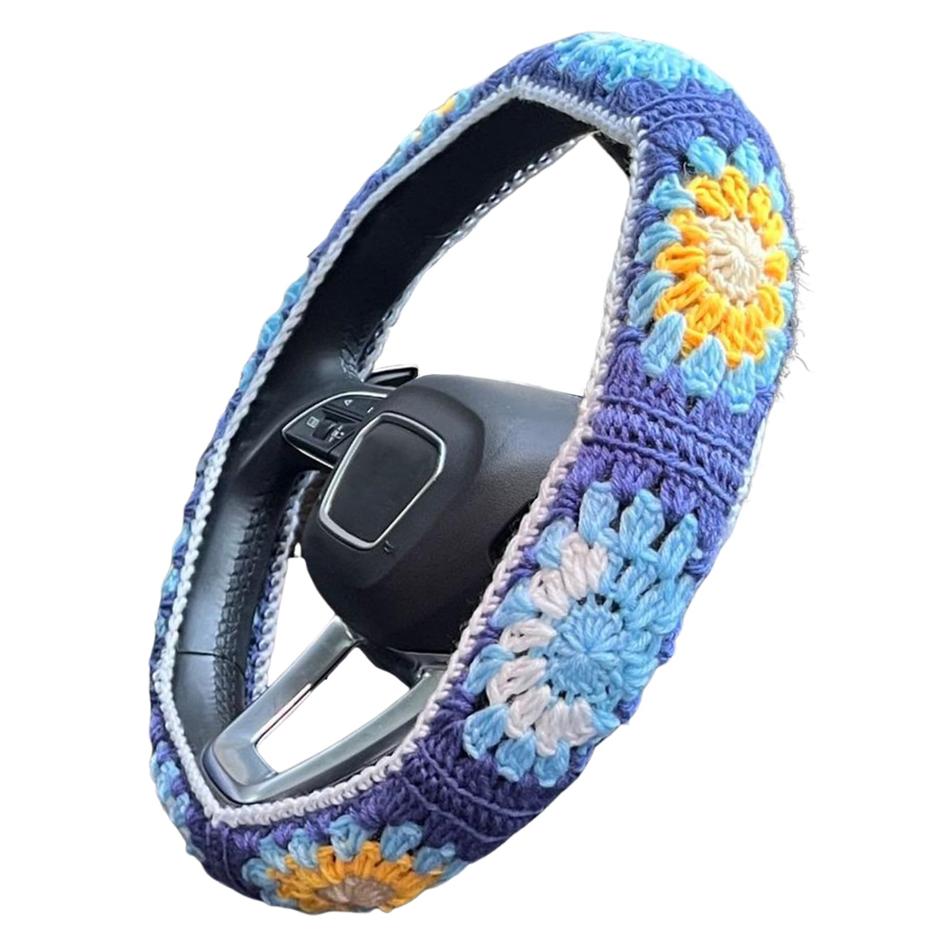 Häkeln Lenkradabdeckung, handgefertigte Daisy Oma-Quadrate-Sicherheitsgurtabdeckungen, Slip-Schweiß-Absorbent Boho Car Interior Decor für 14-16 Fahrzeuge, Limousinen, SUVs (B) von XJKLBYQ