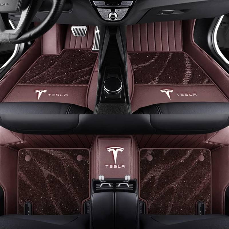 Auto Fußmatten für Tesla Model 3 2019 2020 2021 2022 2023 2024, Bodenmatte Leder Anti-Rutsch Wasserdicht Allwetter Automatten Protect Zubehör,Normal-Coffeestyle von XJQHK