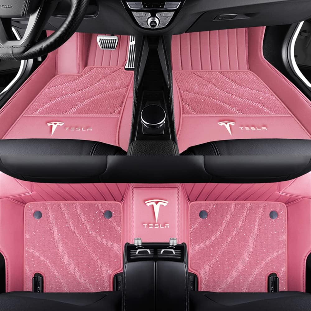 Auto Fußmatten für Tesla Model 3 2019 2020 2021 2022 2023 2024, Bodenmatte Leder Anti-Rutsch Wasserdicht Allwetter Automatten Protect Zubehör,Normal-Pinkstyle von XJQHK