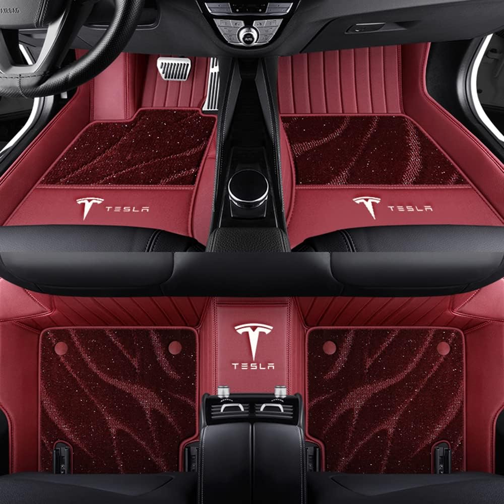 Auto Fußmatten für Tesla Model 3 2019 2020 2021 2022 2023 2024, Bodenmatte Leder Anti-Rutsch Wasserdicht Allwetter Automatten Protect Zubehör,Normal-Weinrot von XJQHK