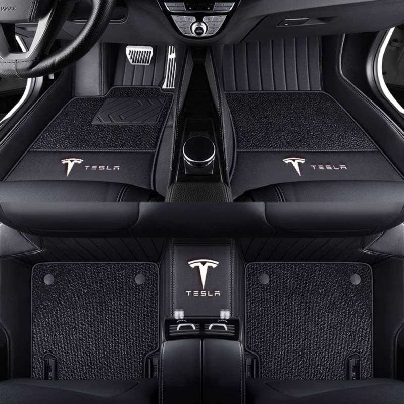 Auto Fußmatten für Tesla Model S 2012 2013 2014 2015, Bodenmatte Leder Anti-Rutsch Wasserdicht Allwetter Automatten Protect Zubehör,Normal-Blackstyle von XJQHK