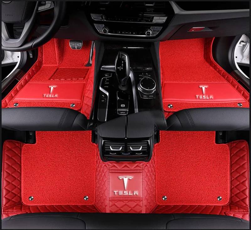 Auto Fußmatten für Tesla Model S 2012 2013 2014 2015, Bodenmatte Leder Anti-Rutsch Wasserdicht Allwetter Automatten Protect Zubehör,Normal-Redstyle von XJQHK