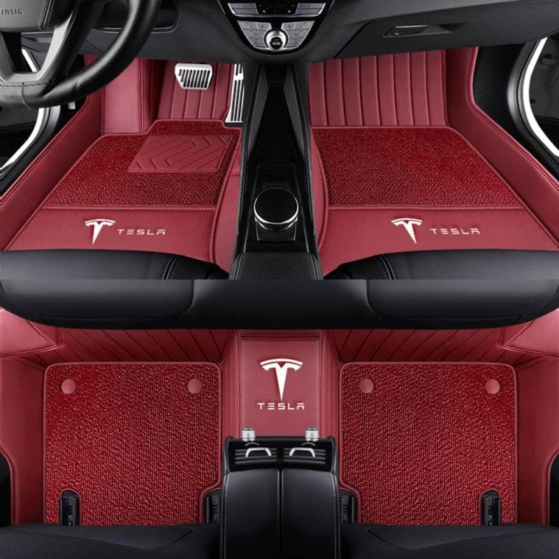 Auto Fußmatten für Tesla Model S 2012 2013 2014 2015, Bodenmatte Leder Anti-Rutsch Wasserdicht Allwetter Automatten Protect Zubehör,Normal-Weinrot von XJQHK