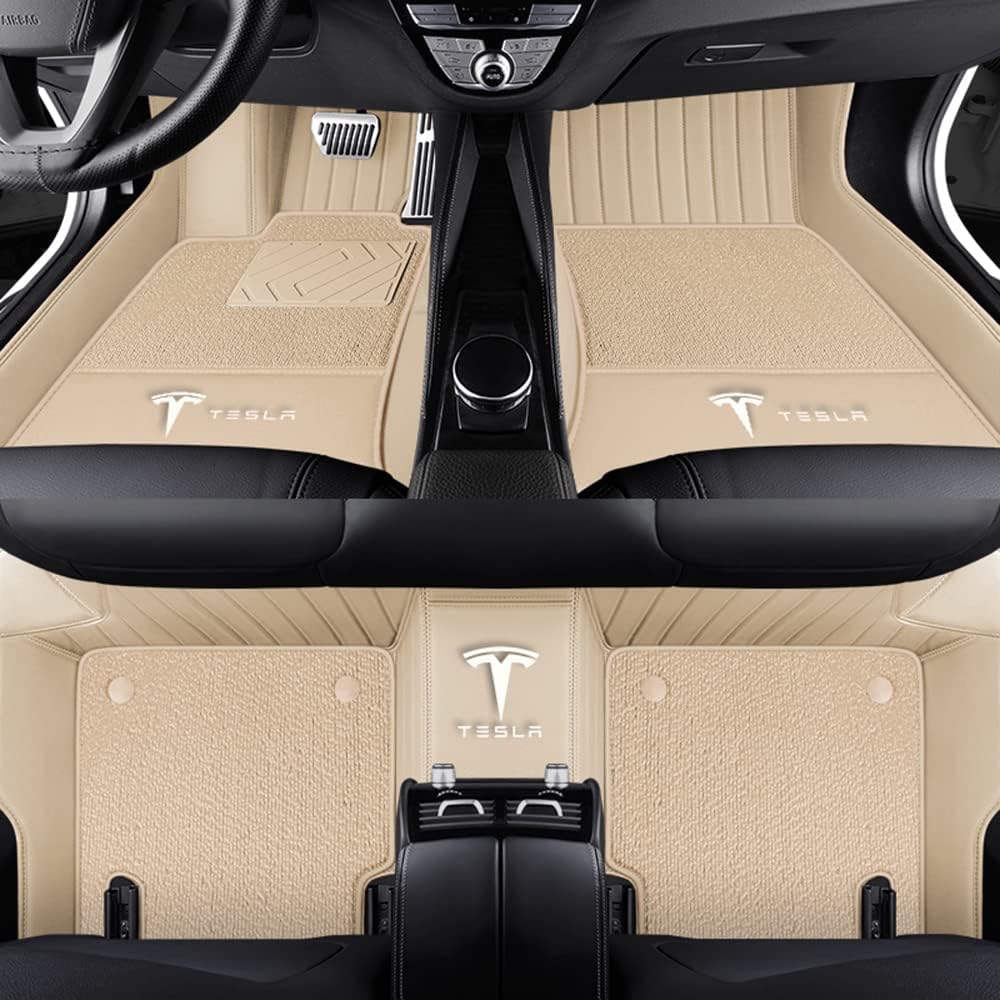 Auto Fußmatten für Tesla Model S 2015 2016 2017 2018 2019 2020 2021 2022 2023 2024, Bodenmatte Leder Anti-Rutsch Wasserdicht Allwetter Automatten Protect Zubehör,Normal-Beigestyle von XJQHK