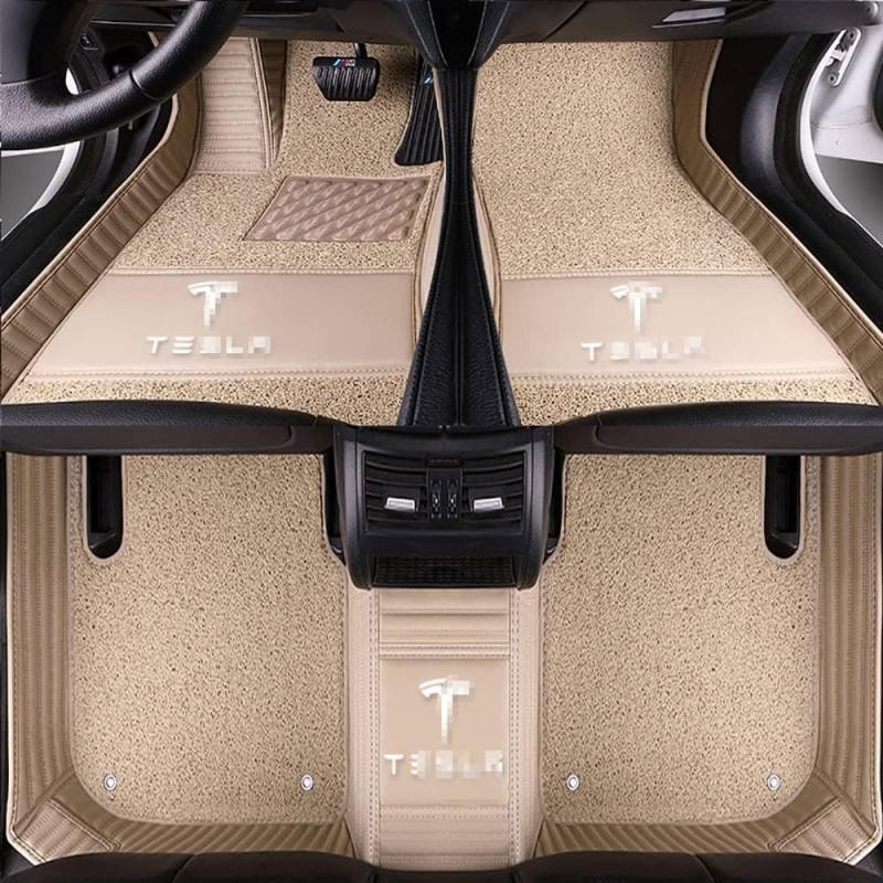 Auto Fußmatten für Tesla Model S 2015 2016 2017 2018 2019 2020 2021 2022 2023 2024, Bodenmatte Leder Anti-Rutsch Wasserdicht Allwetter Automatten Protect Zubehör,Normal-Beigestyle von XJQHK