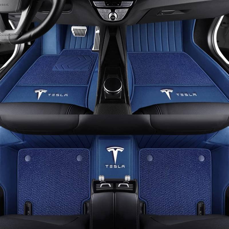 Auto Fußmatten für Tesla Model S 2015 2016 2017 2018 2019 2020 2021 2022 2023 2024, Bodenmatte Leder Anti-Rutsch Wasserdicht Allwetter Automatten Protect Zubehör,Normal-Bluestyle von XJQHK