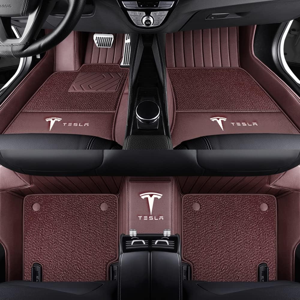 Auto Fußmatten für Tesla Model S 2015 2016 2017 2018 2019 2020 2021 2022 2023 2024, Bodenmatte Leder Anti-Rutsch Wasserdicht Allwetter Automatten Protect Zubehör,Normal-Coffeestyle von XJQHK