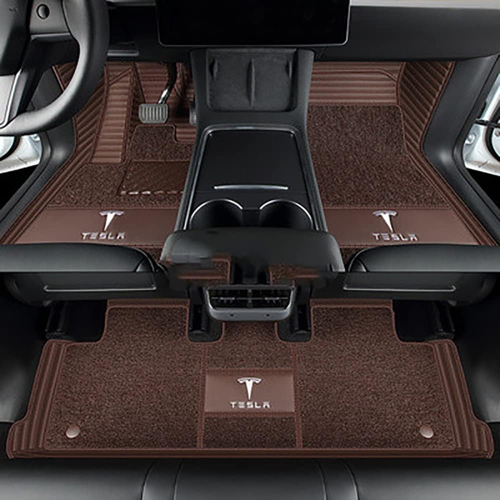 Auto Fußmatten für Tesla Model X (5 Seats) 2016 2017 2018 2019 2020 2021 2022 2023-2025, Bodenmatte Leder Anti-Rutsch Wasserdicht Allwetter Automatten Protect Zubehör,Normal-Brownstyle von XJQHK