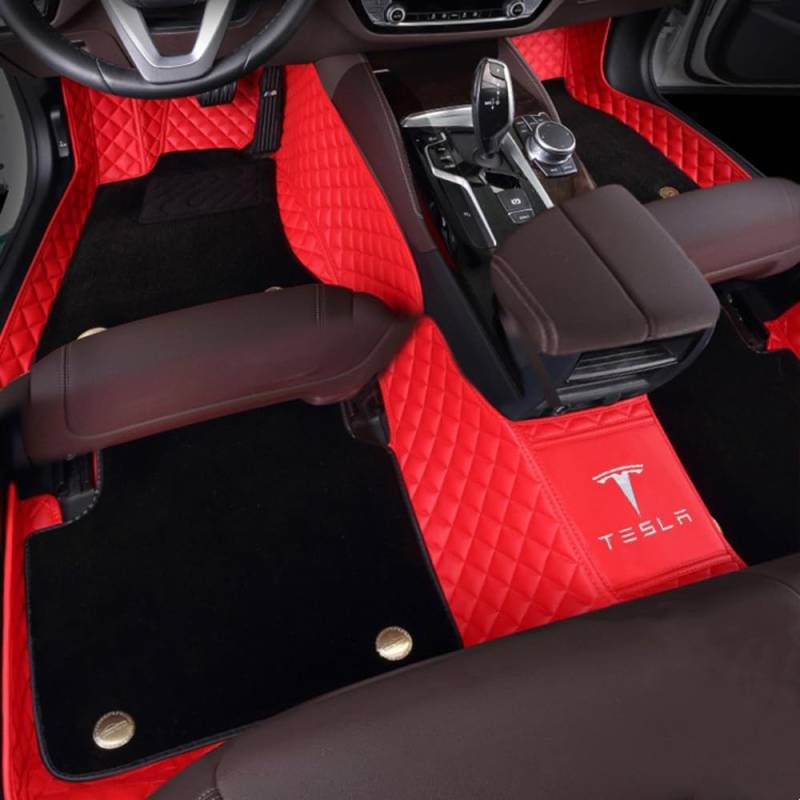 Auto Fußmatten für Tesla Model X (5 Seats) 2016 2017 2018 2019 2020 2021 2022 2023-2025, Bodenmatte Leder Anti-Rutsch Wasserdicht Allwetter Automatten Protect Zubehör,Normal-Schwarz/Red von XJQHK