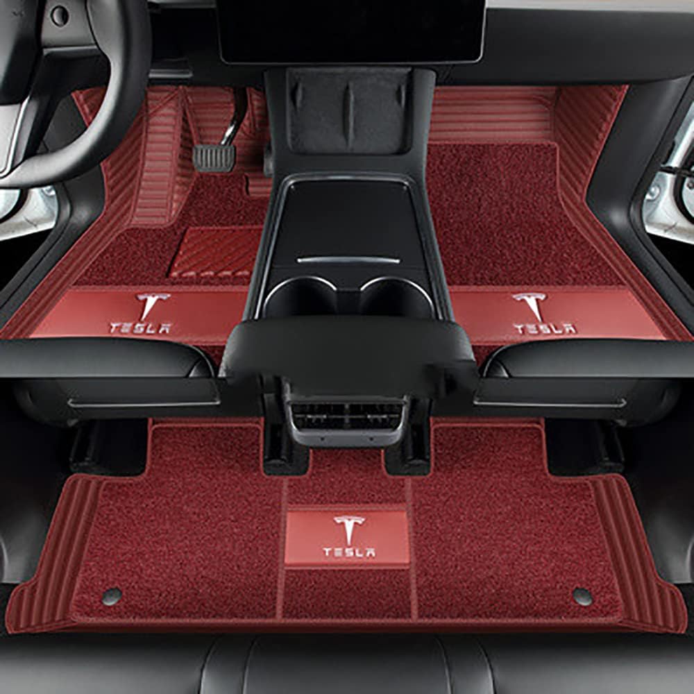 Auto Fußmatten für Tesla Model X (5 Seats) 2016 2017 2018 2019 2020 2021 2022 2023-2025, Bodenmatte Leder Anti-Rutsch Wasserdicht Allwetter Automatten Protect Zubehör,Normal-Weinrot von XJQHK