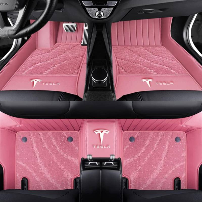 Auto Fußmatten für Tesla Model X (5 Seats) 2016-2018 2019 2020 2021 2022 2023-2025, Bodenmatte Leder Anti-Rutsch Wasserdicht Allwetter Automatten Protect Zubehör,Normal-Pinkstyle von XJQHK