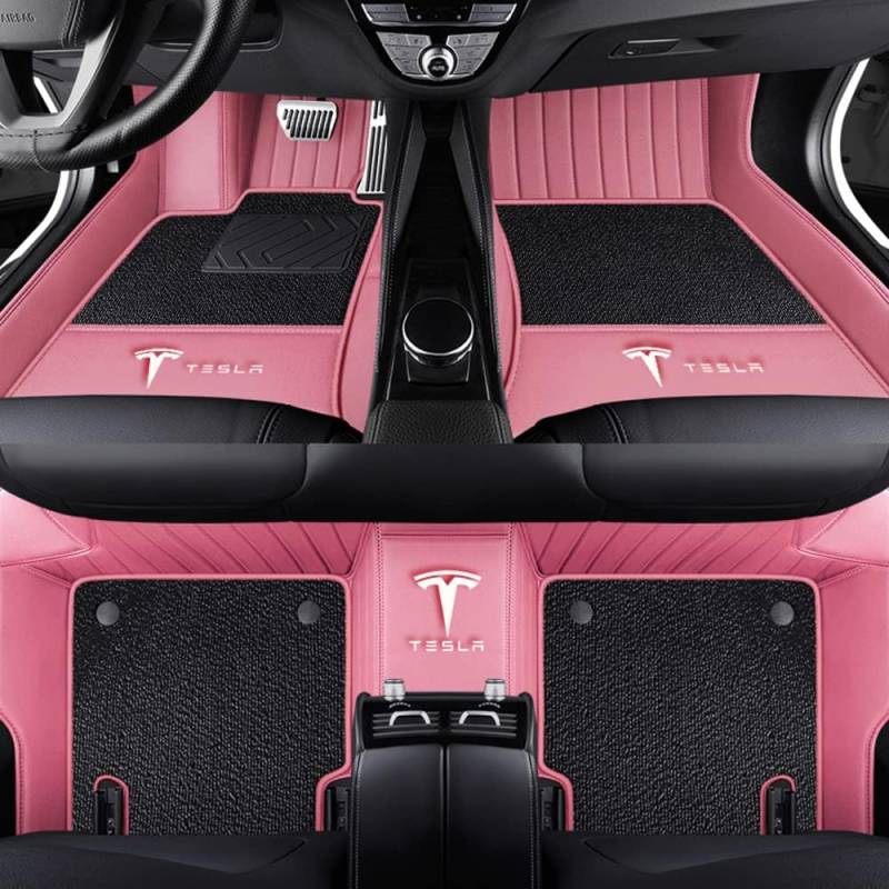 Auto Fußmatten für Tesla Model X (5 Seats) 2016-2019 2020 2021 2022 2023-2025, Bodenmatte Leder Anti-Rutsch Wasserdicht Allwetter Automatten Protect Zubehör,Normal-Schwarzrosa von XJQHK