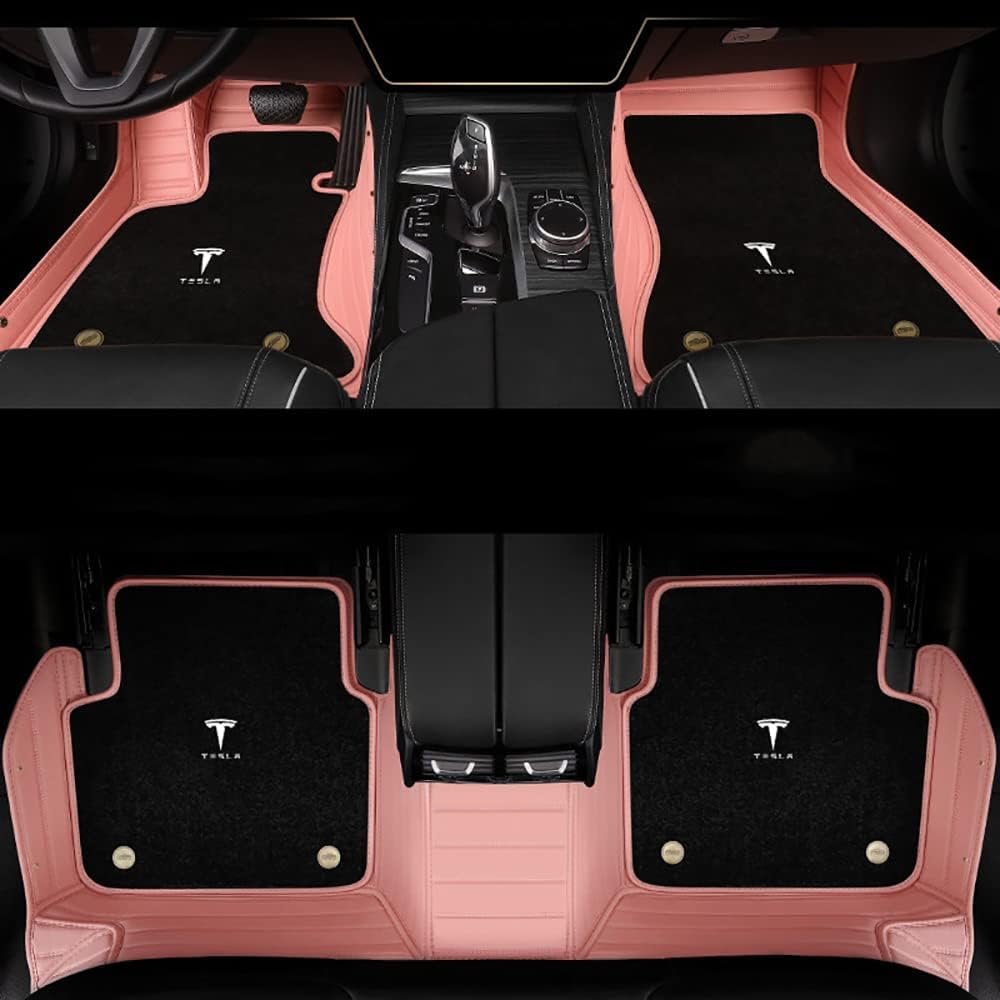 Auto Fußmatten für Tesla Model X (6 Seats) 2016 2017 2018 2019 2020 2021 2022 2023-2025, Bodenmatte Leder Anti-Rutsch Wasserdicht Allwetter Automatten Protect Zubehör,Normal-Schwarzrosa von XJQHK