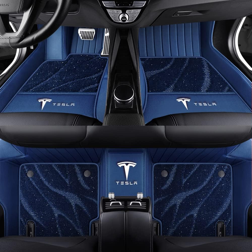 Auto Fußmatten für Tesla Model X (6 Seats) 2016-2019 2020 2021 2022 2023-2025, Bodenmatte Leder Anti-Rutsch Wasserdicht Allwetter Automatten Protect Zubehör,Normal-Bluestyle von XJQHK