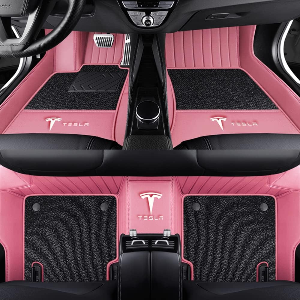 Auto Fußmatten für Tesla Model X (7 Seats) 2016-2019 2020 2021 2022 2023-2025, Bodenmatte Leder Anti-Rutsch Wasserdicht Allwetter Automatten Protect Zubehör,Normal-Schwarzrosa von XJQHK