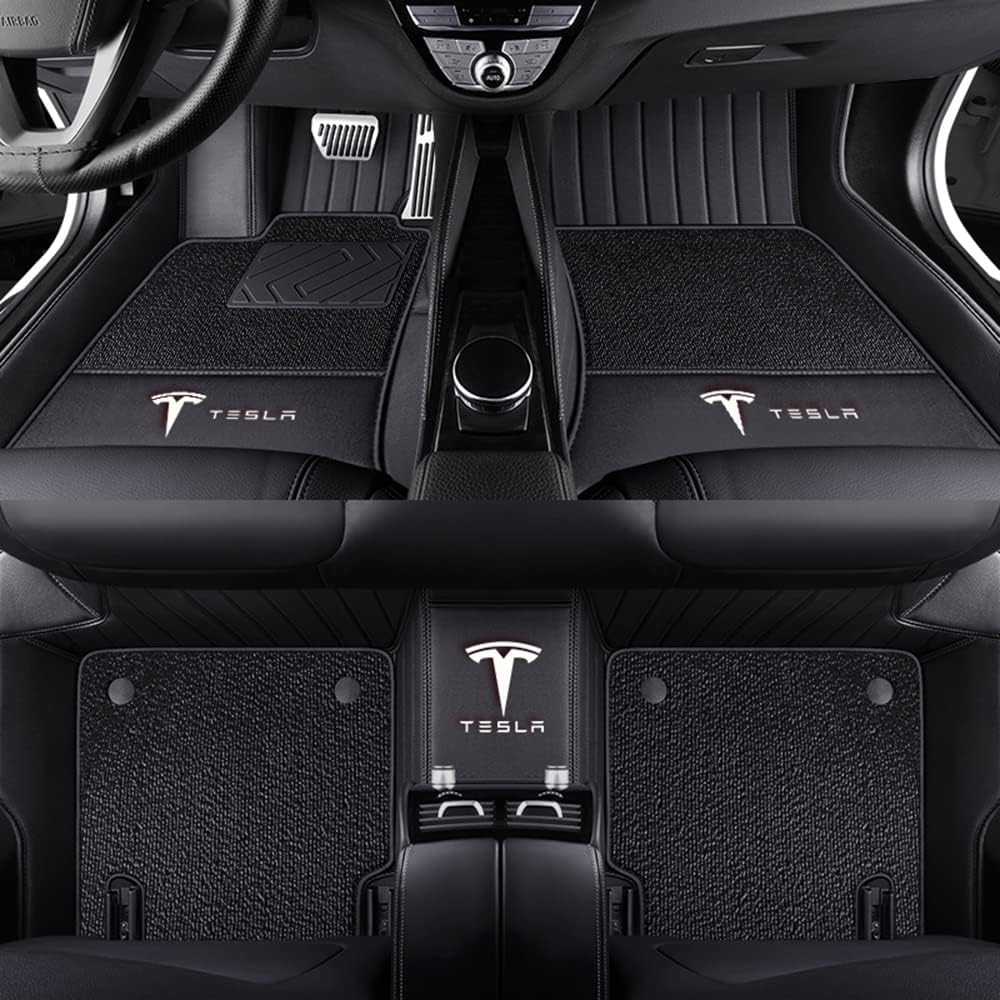 Auto Fußmatten für Tesla Model Y 2021 2022 2023 2024, Bodenmatte Leder Anti-Rutsch Wasserdicht Allwetter Automatten Protect Zubehör,Normal-Blackstyle von XJQHK