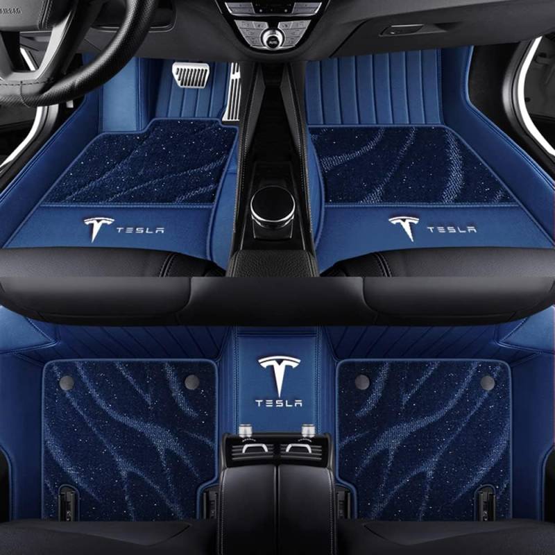 Auto Fußmatten für Tesla Model Y 2021 2022 2023 2024, Bodenmatte Leder Anti-Rutsch Wasserdicht Allwetter Automatten Protect Zubehör,Normal-Bluestyle von XJQHK