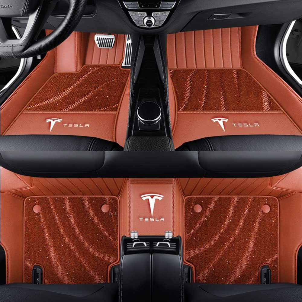 Auto Fußmatten für Tesla Model Y 2021 2022 2023 2024, Bodenmatte Leder Anti-Rutsch Wasserdicht Allwetter Automatten Protect Zubehör,Normal-Brownstyle von XJQHK