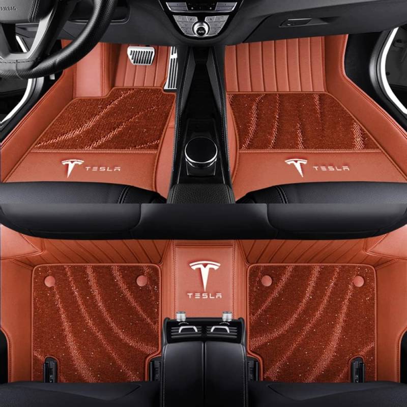 Auto Fußmatten für Tesla Model Y 2021 2022 2023 2024, Bodenmatte Leder Anti-Rutsch Wasserdicht Allwetter Automatten Protect Zubehör,Normal-Brownstyle von XJQHK