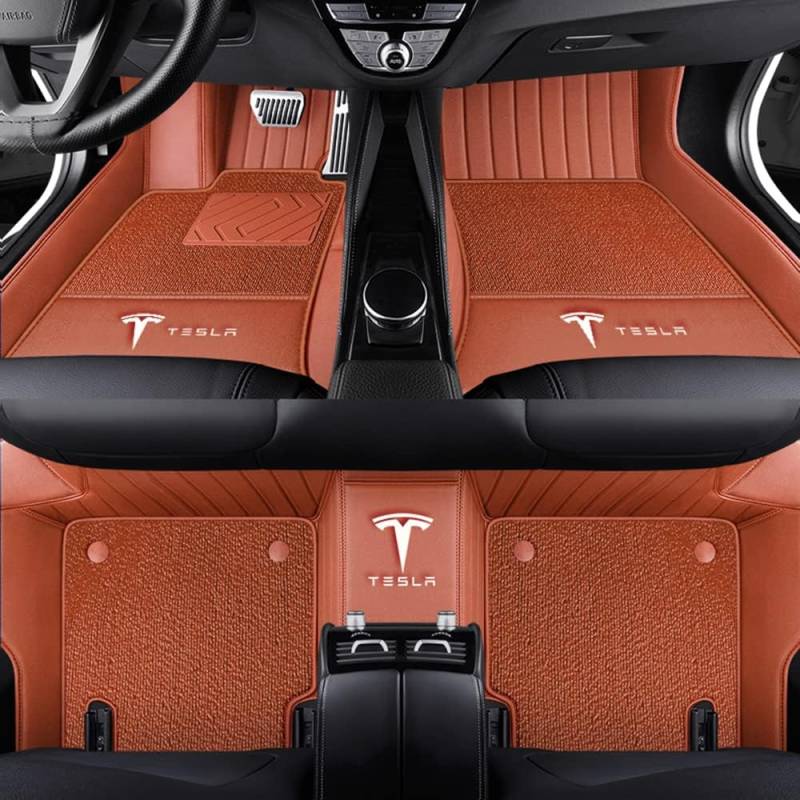 Auto Fußmatten für Tesla Model Y 2021 2022 2023 2024, Bodenmatte Leder Anti-Rutsch Wasserdicht Allwetter Automatten Protect Zubehör,Normal-Brownstyle von XJQHK