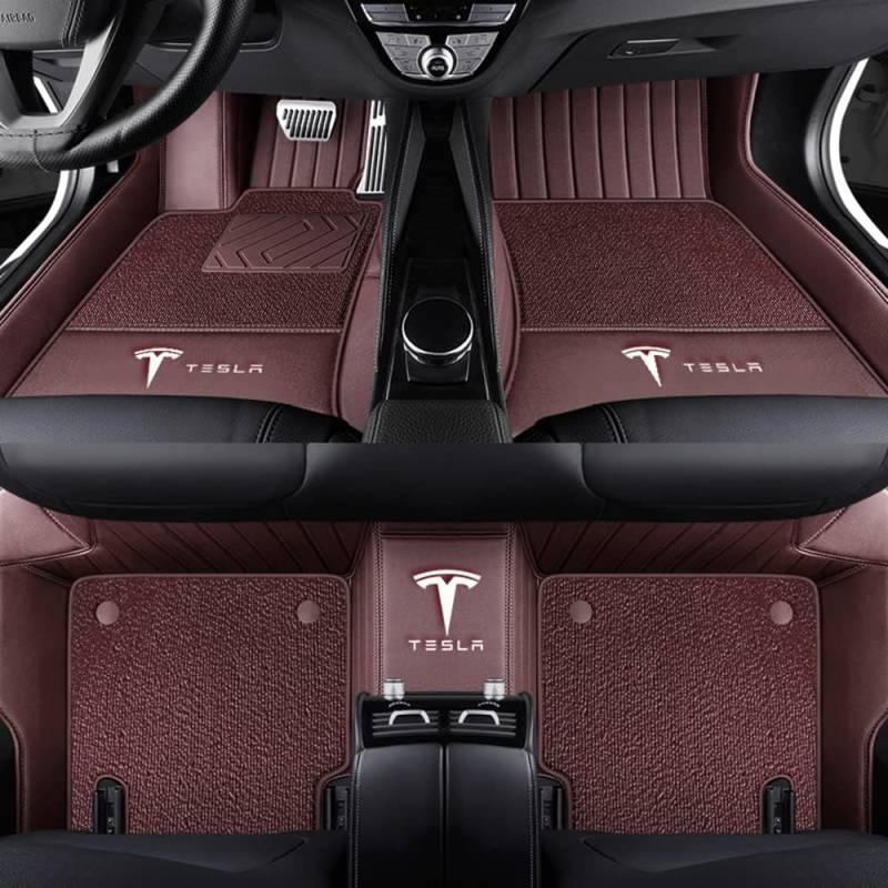 Auto Fußmatten für Tesla Model Y 2021 2022 2023 2024, Bodenmatte Leder Anti-Rutsch Wasserdicht Allwetter Automatten Protect Zubehör,Normal-Coffeestyle von XJQHK