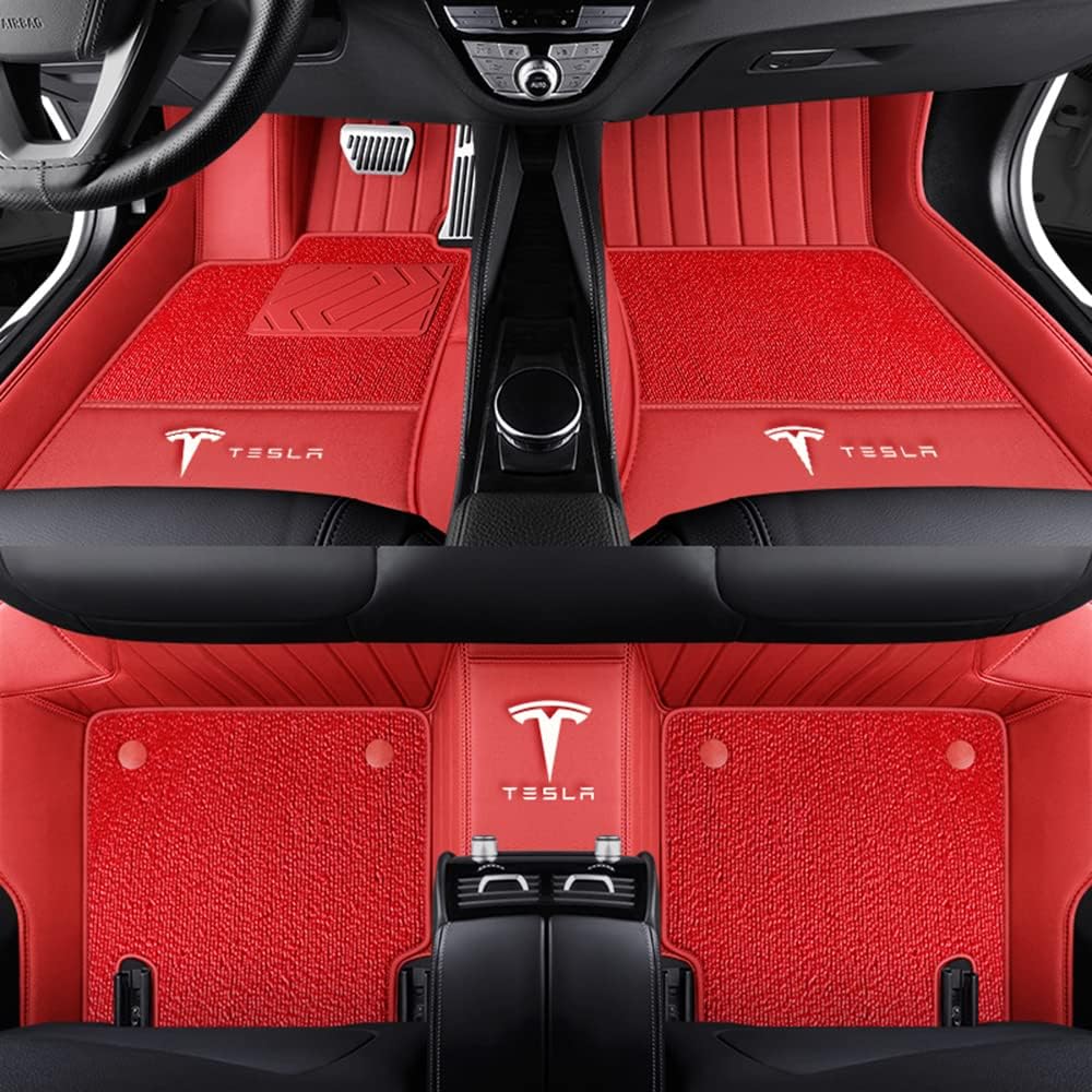 Auto Fußmatten für Tesla Model Y 2021 2022 2023 2024, Bodenmatte Leder Anti-Rutsch Wasserdicht Allwetter Automatten Protect Zubehör,Normal-Redstyle von XJQHK