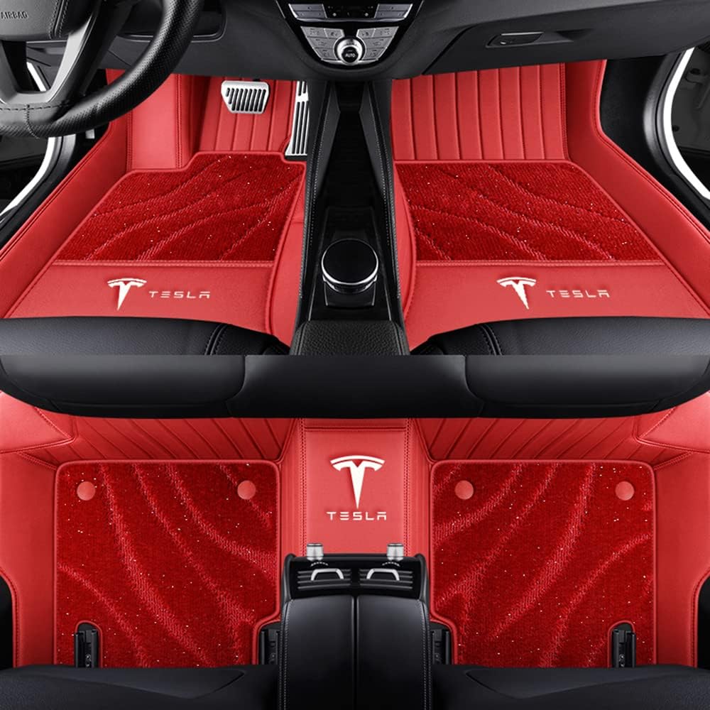 Auto Fußmatten für Tesla Model Y 2021 2022 2023 2024, Bodenmatte Leder Anti-Rutsch Wasserdicht Allwetter Automatten Protect Zubehör,Normal-Redstyle von XJQHK