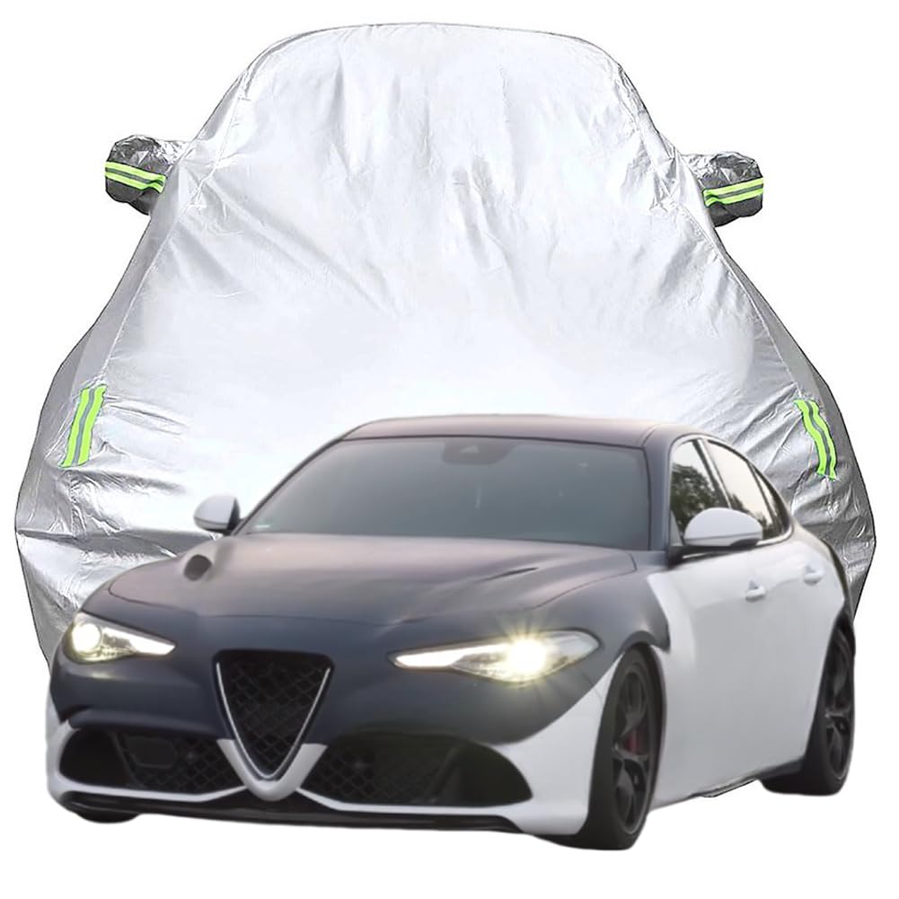 Vollgarage Autoabdeckung für Alfa Romeo Giulia Quadrifoglio, Schnee/Kratzfest/Uv-Schutz Oxford Autoplanen Garagen, Hagelschutzplane,Silver-Plus-Cotton von XJQHK