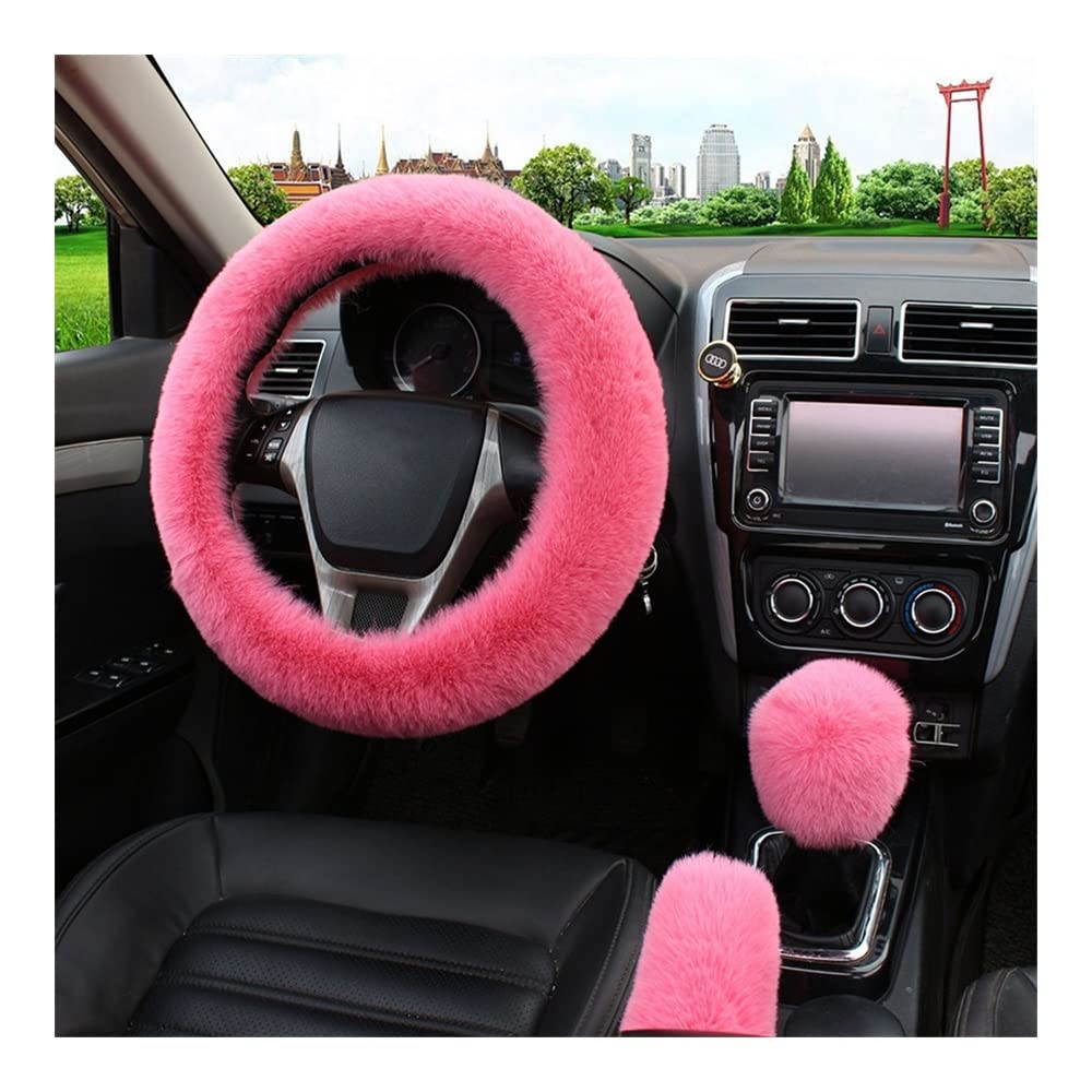 Auto-Lenkradbezüge 38 cm Auto Lenkradabdeckung Auto Handbremse Schaltabdeckung Dreiteiliges Set Warmes Winterlenkrad(Pink) von XKCMGSI