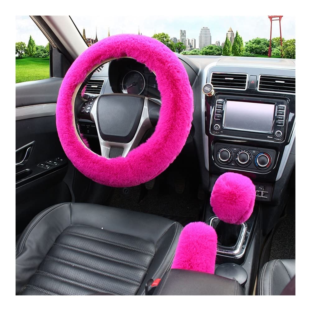 Auto-Lenkradbezüge 38 cm Auto Lenkradabdeckung Auto Handbremse Schaltabdeckung Dreiteiliges Set Warmes Winterlenkrad(Rose red) von XKCMGSI