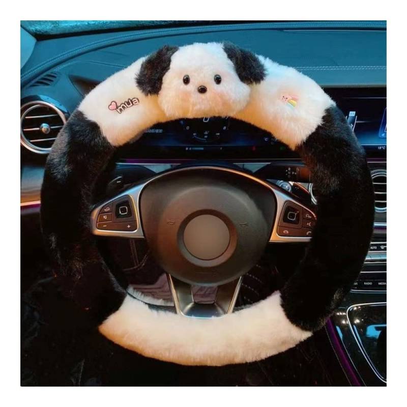 Auto-Lenkradbezüge Niedlicher Hund Auto Lenkradbezug Universal 38cm Winter Warm Plüsch Cartoon Griffbezüge Schwarz/Weiß(Black White A) von XKCMGSI