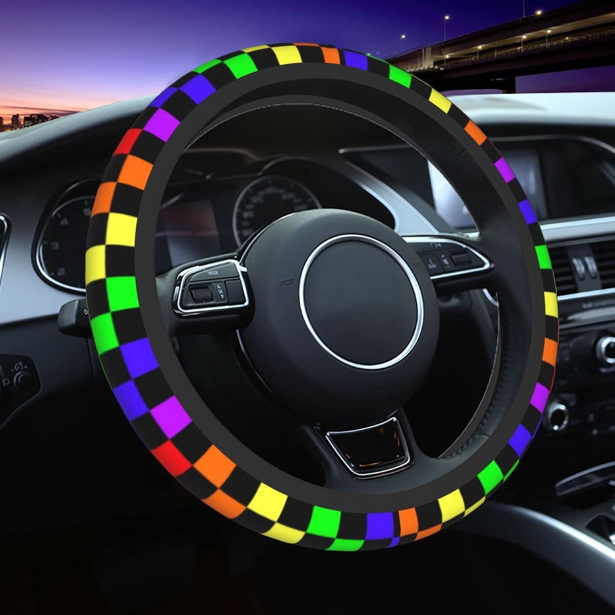 Auto-Lenkradbezüge Universal-Lenkradabdeckung Mode Schwarz Und Grün Schachbrettmuster Tartan Lenkradschutz Passend Für Autozubehör(E) von XKCMGSI