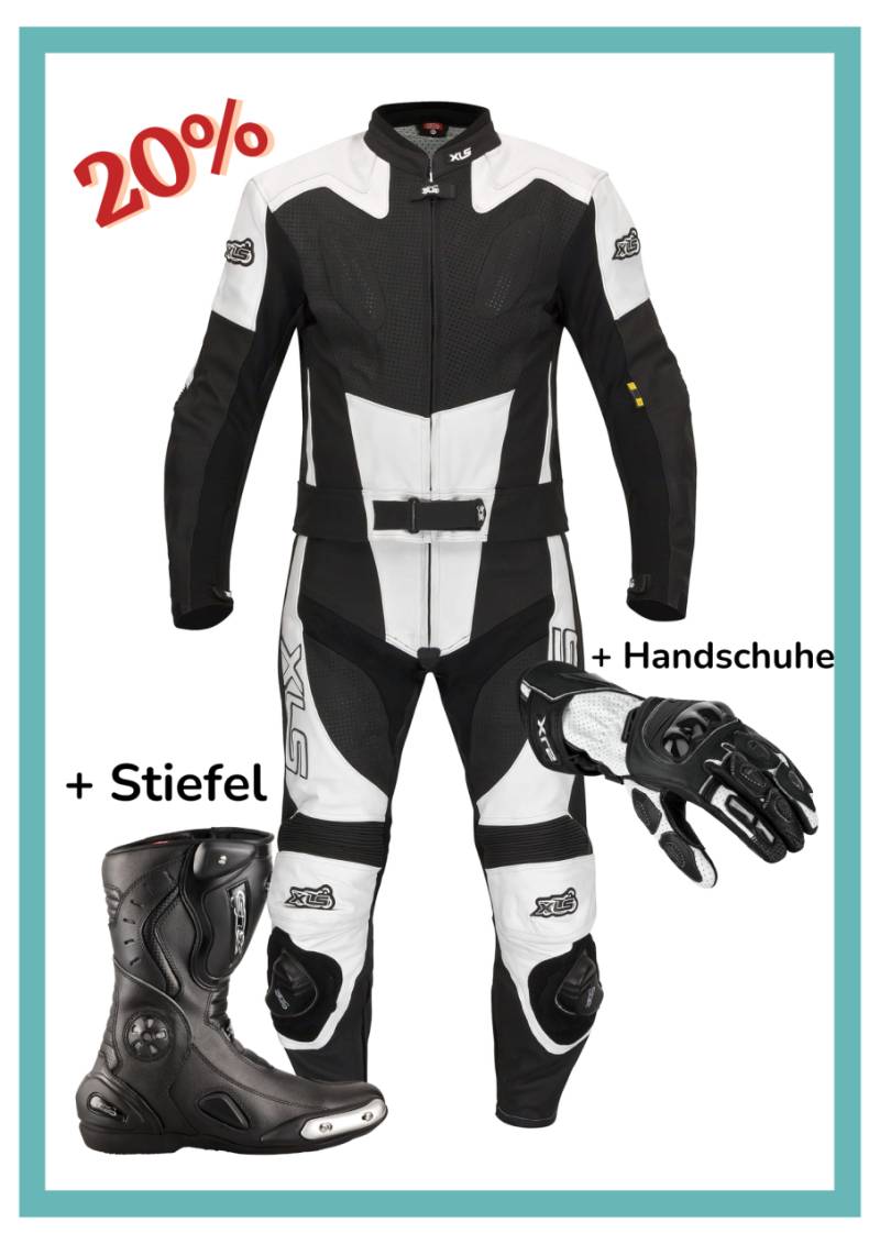 Black-White-Arrow Bundle Lederkombi + Stiefel + Handschuhe von XLS