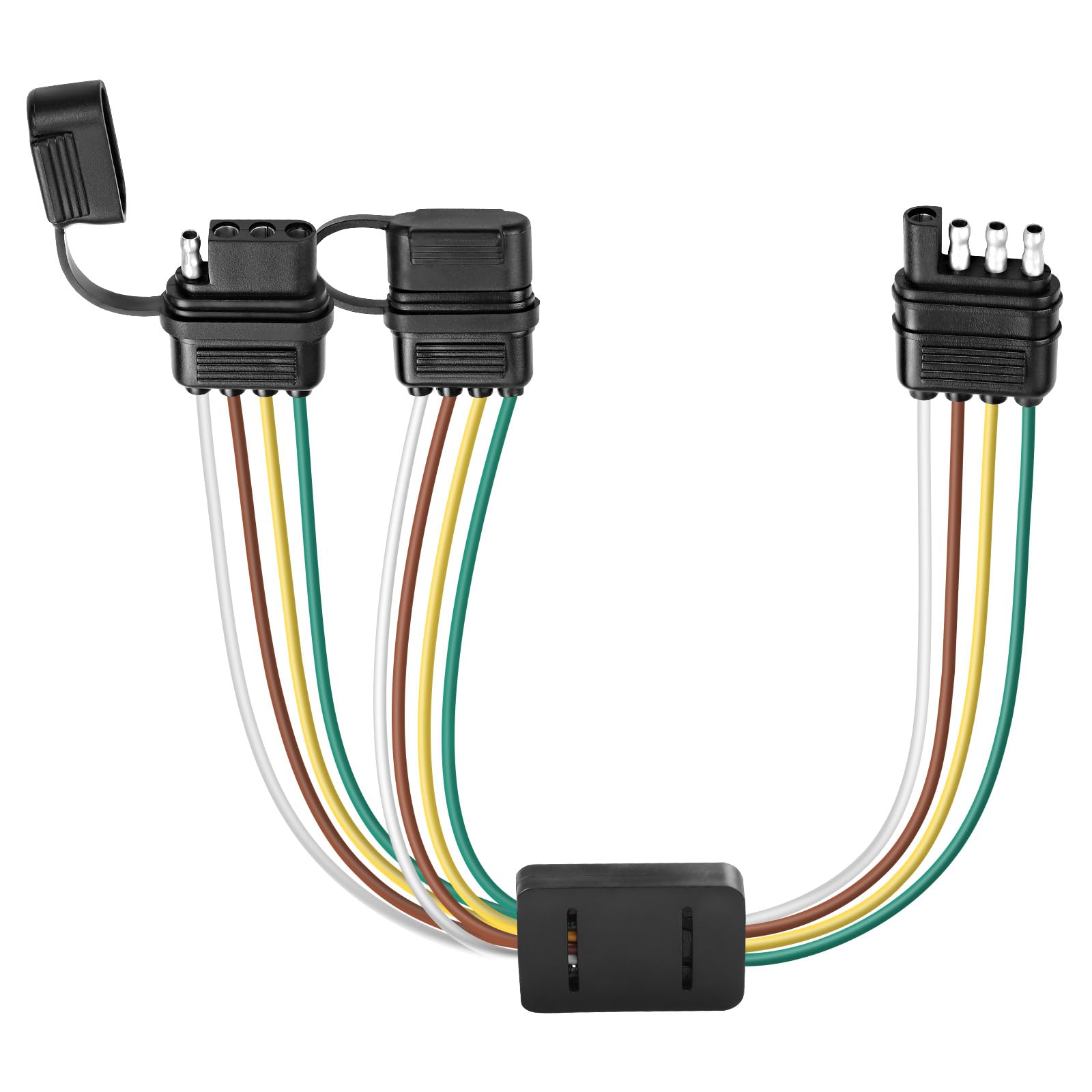 XMSJSIY 4-Wege-flacher Anhänger Y-Splitter-Adapter-Verlängerungs-Harness 4-Pin-Mann zu doppeltem weiblichem Stecker mit Staubkappen-Anhänger-Harness-Adapter für LED-Heckklappe-Licht-Bar-Anhänger-Licht von XMSJSIY