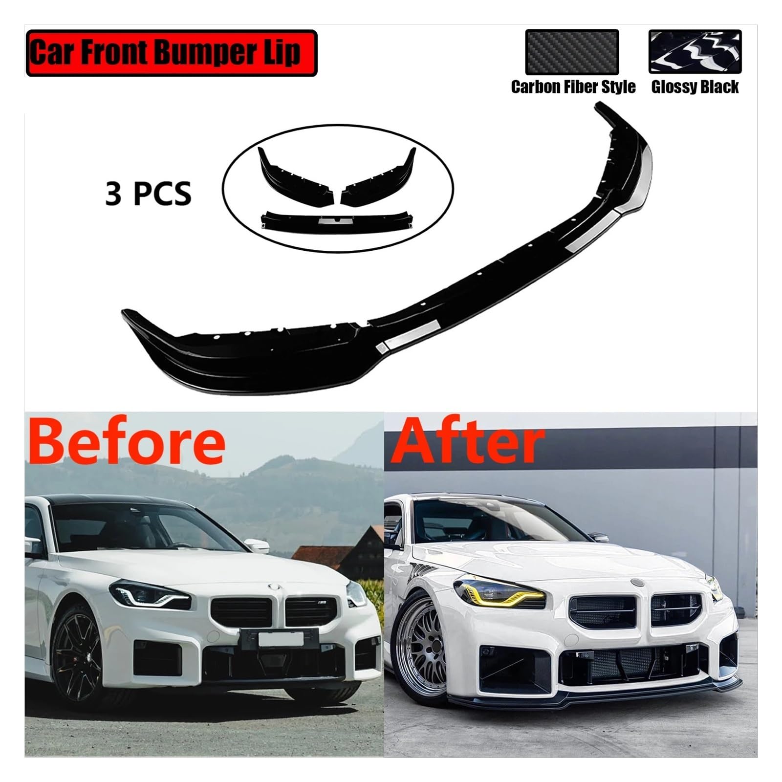 Kompatibel mit BMW M2 G87 2023–2024, Auto-Frontspoilerlippe, Seitensplitter, Diffusor, Schutzverkleidung, glänzend schwarz, Carbonfaser-Look(Carbon Fiber Style) von XNBHZKKRN