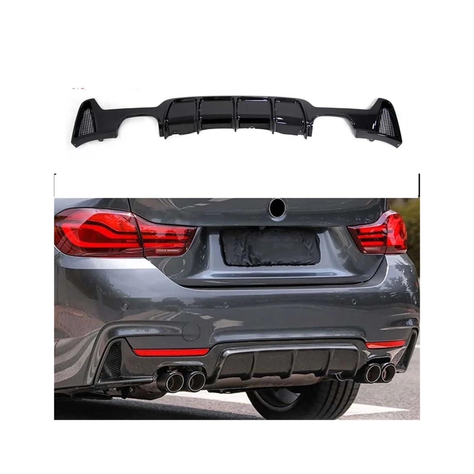 Schwarz glänzender PP-Heckstoßstangen-Diffusor-Splitter, kompatibel mit BMW 4er F32 F33 F36 Sport 2013–2020, Kofferraum-Unterlippe, Auspuffrohr von XNBHZKKRN