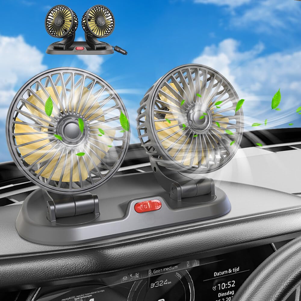 XPJBKC Doppelkopf 12V Auto Ventilator, 360° KFZ Kühlventilator mit Zigarettenanzünder Plug,Auto Ventilator 12V, 2 Geschwindigkeiten Doppellüfter Geeignet für 12 volt LKW,Wohnmobil (Schwarz) von XPJBKC