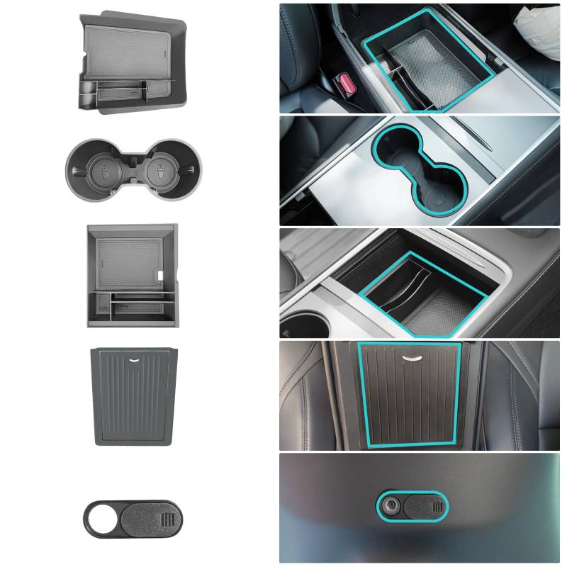 Organizer-Ablage für die Mittelkonsole, 5-teilig, für 2021–2024 Tesla Model Y, Armlehne, versteckte Schublade, verbesserte Aufbewahrungsbox, Getränkehalter, kompatibel mit 2021–2023 Tesla Model 3 von XPORTION