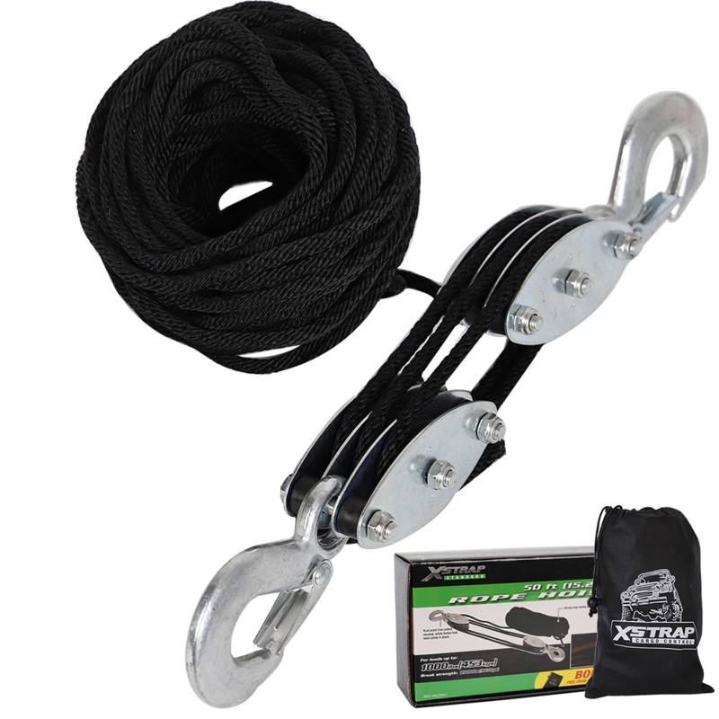 XSTRAP Standard Strapazierfähiger 0,9 kg Bruchfestigkeit, 15 m Seilzug, 453,6 kg Arbeitslastblock und Angelrolle-System zum Heben Schwerer Gegenstände (schwarz) von XSTRAP STANDARD